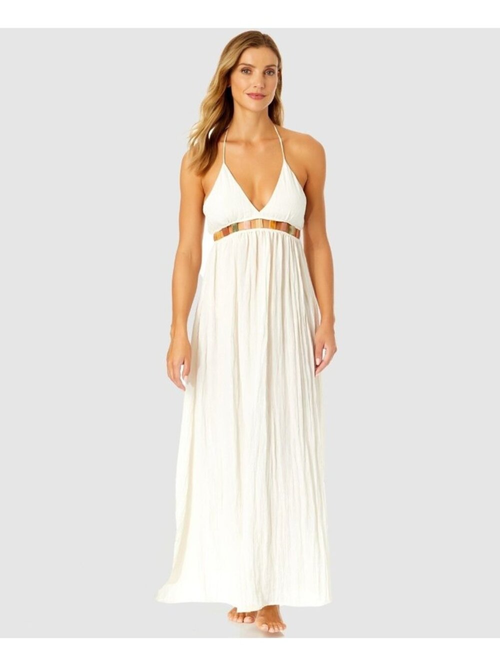 Ibiza by Anne Cole V-Neck Jewel Maxi Dress Cover up for Women, Ivory, Sz. M